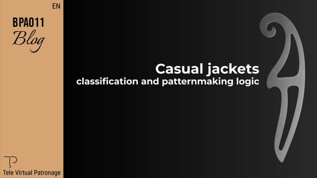 Cover image of a casual jacket article showing classification and patternmaking logic with metallic graphic element on dark background