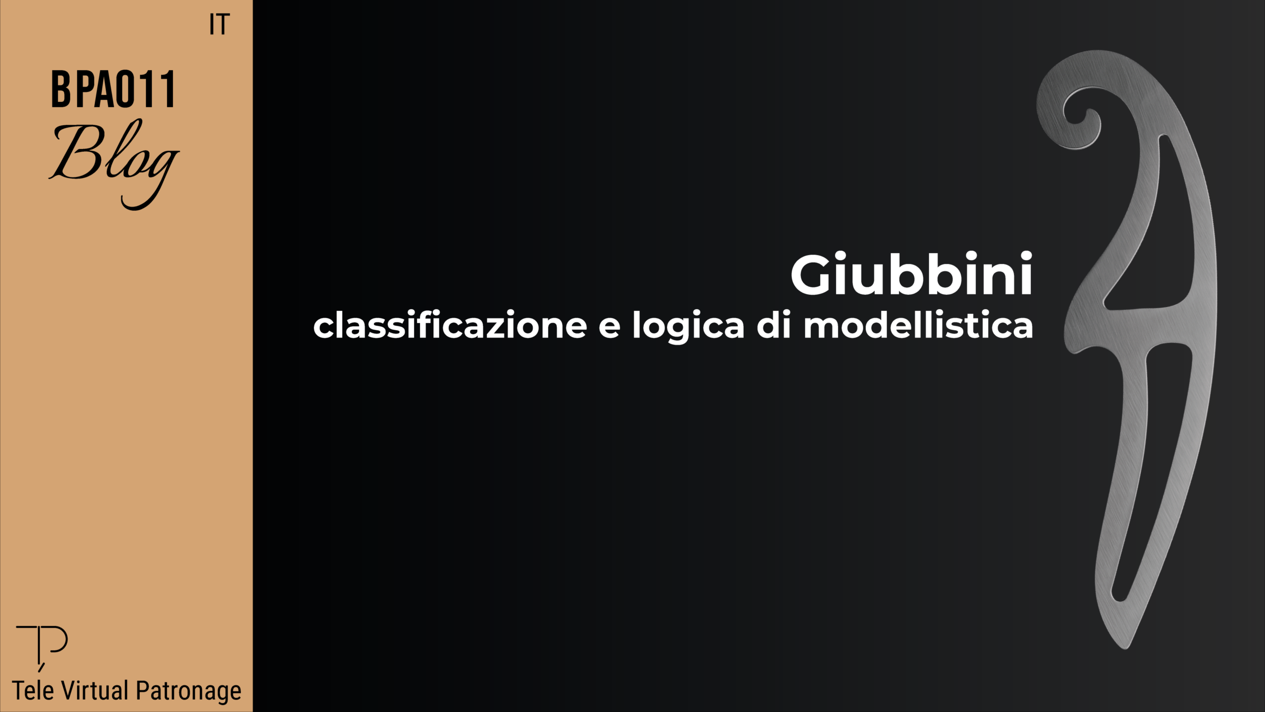 Copertina dell’articolo sul giubbino con titolo classificazione e logica del cartamodello ed elemento grafico metallico su sfondo scuro