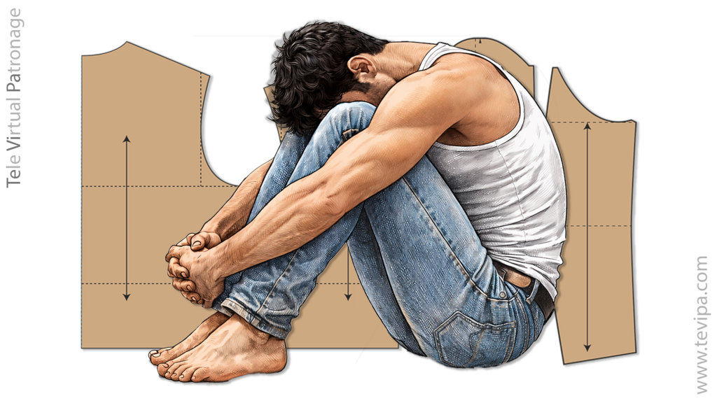 Sidanta viro en kunpremita pozicio antaŭ bazŝablono de sportjako kun referencaj linioj