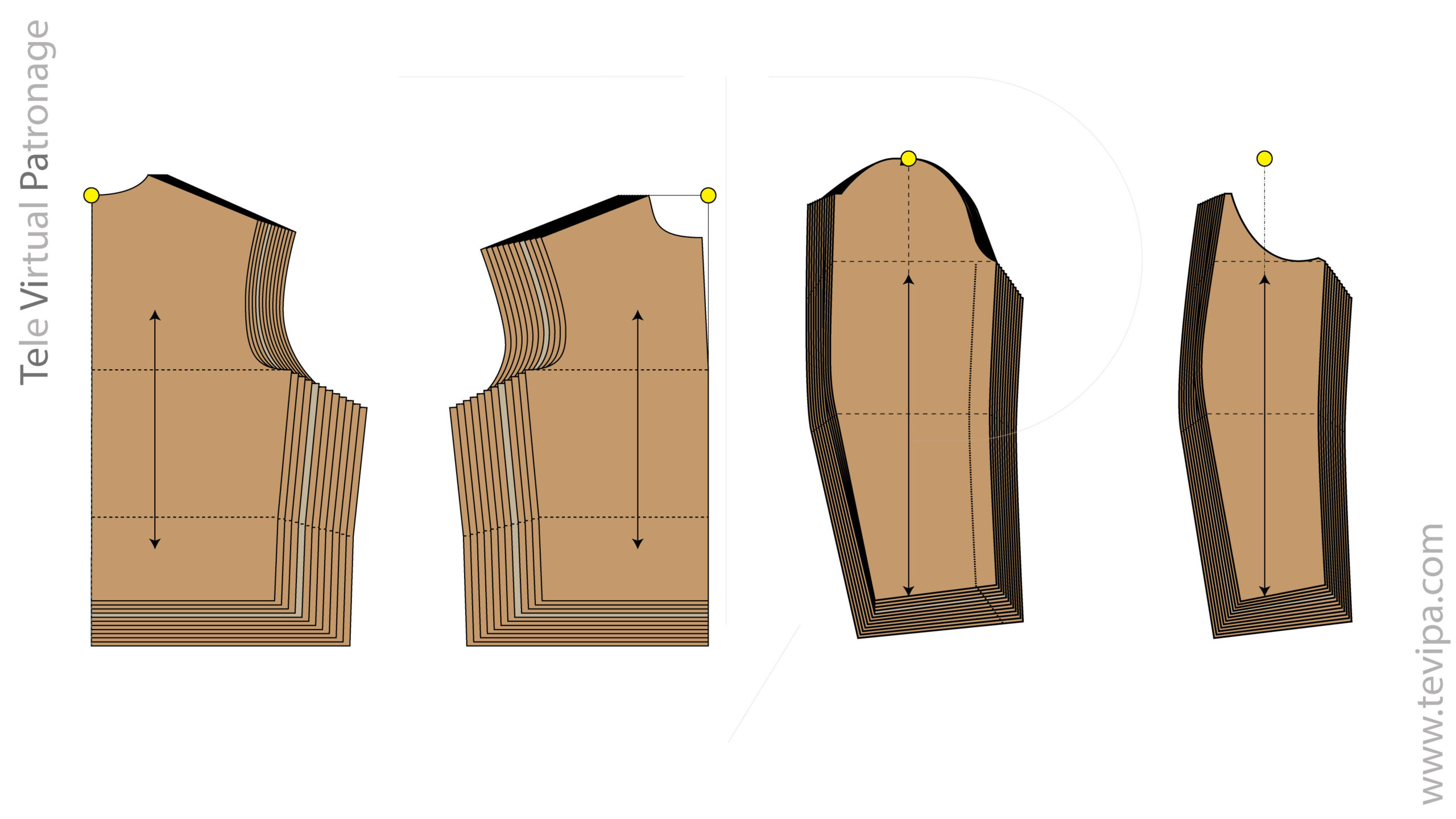 Superposición de mangas mostrando la gradación por tallas con incremento de largo y codo