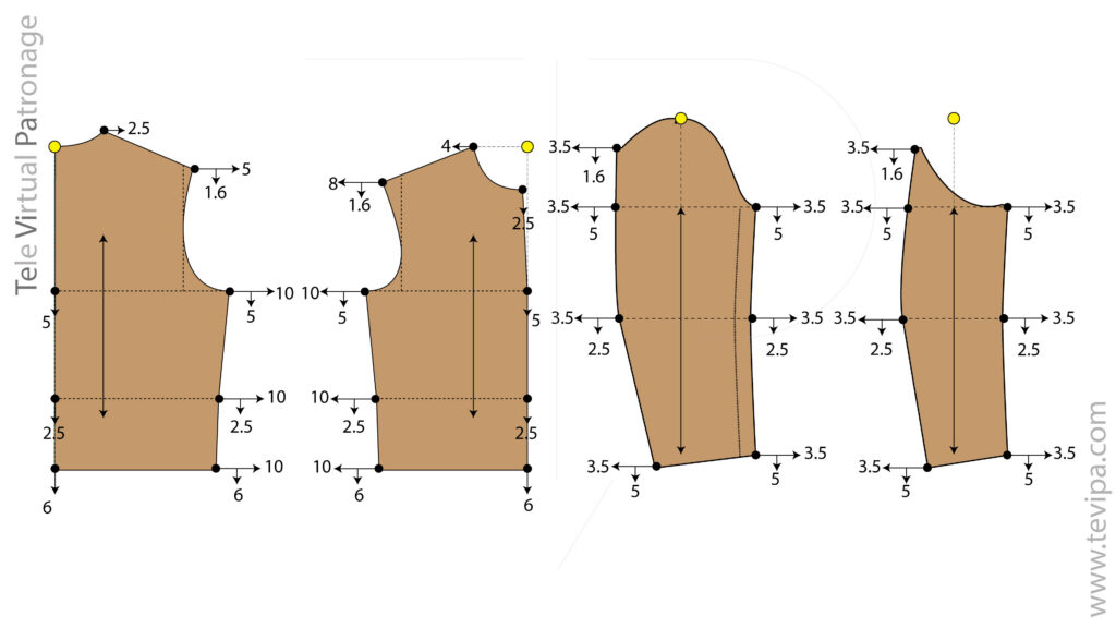 Esquema de gradación del patrón base de cazadora con puntos de anclaje y desplazamientos proporcionales