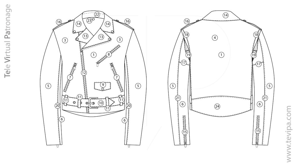 Esquema técnico de cazadora biker con vista delantera y trasera y ejes de referencia